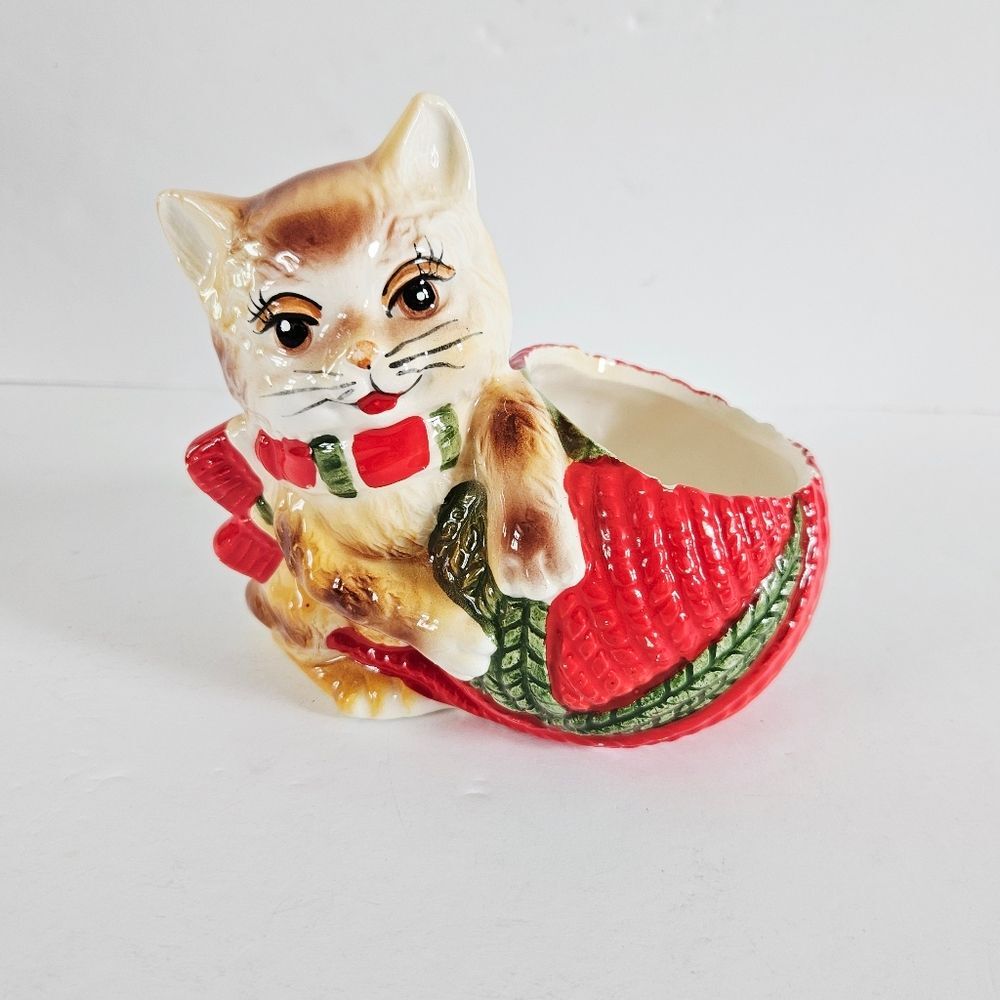 Vintage Kitten Cat Yarn Ceramic Kitsch Hand Painted Ceramic Figurine Planter